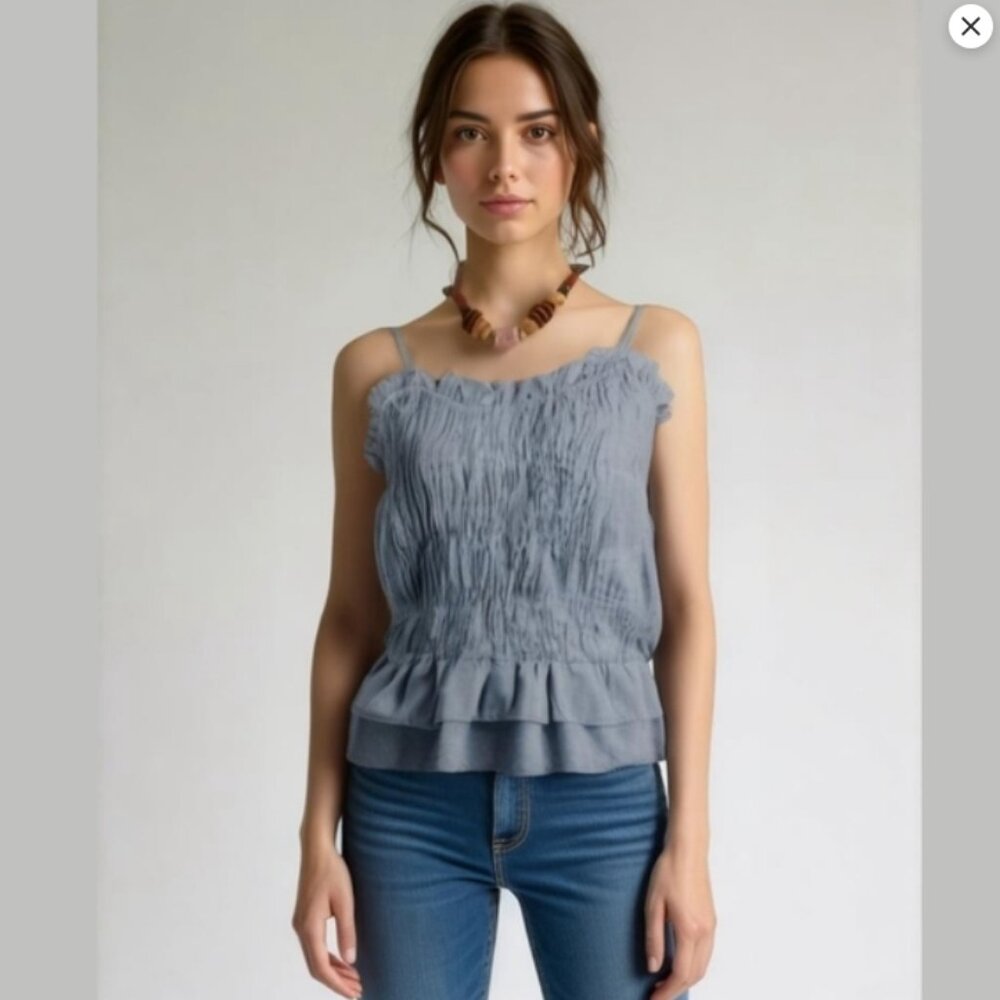 Smocked Ruffle Hem Spaghetti Strap Blouse - Gray